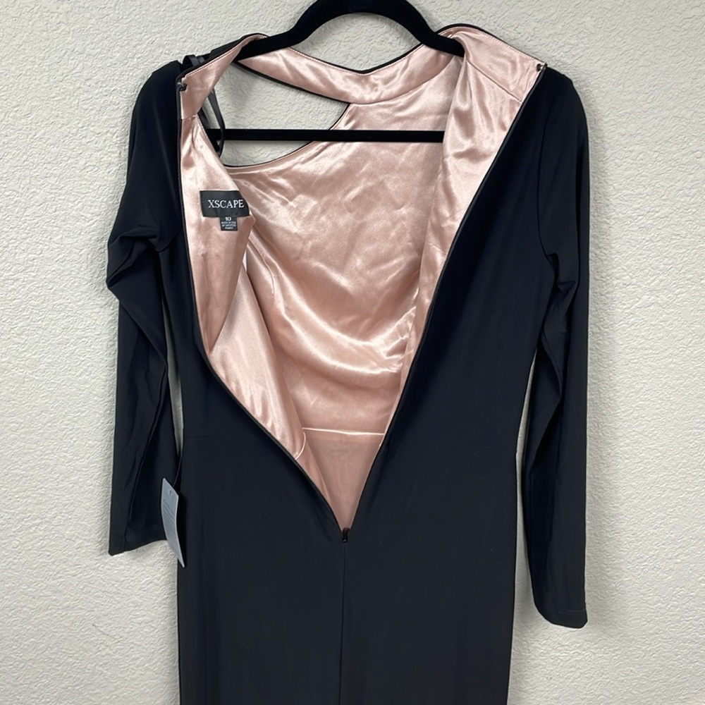 NWT Xscape Black Cutout Shoulder Long Sleeve Gown Maxi Dress Slit Sz 10 - Picture 7 of 14